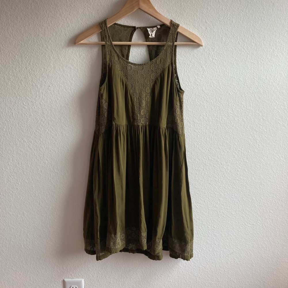 Womens XXS Olive Green Crochet Lace Boho Babydoll Sleeveless Mini